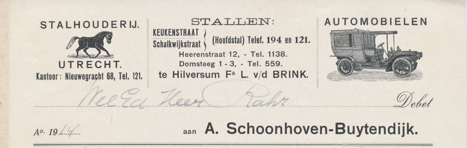 712039 Kop van een nota van A. Schoonhoven-Buytendijk, Stalhouderij - Automobielen, Kantoor: Nieuwegracht 68; Stallen: ...